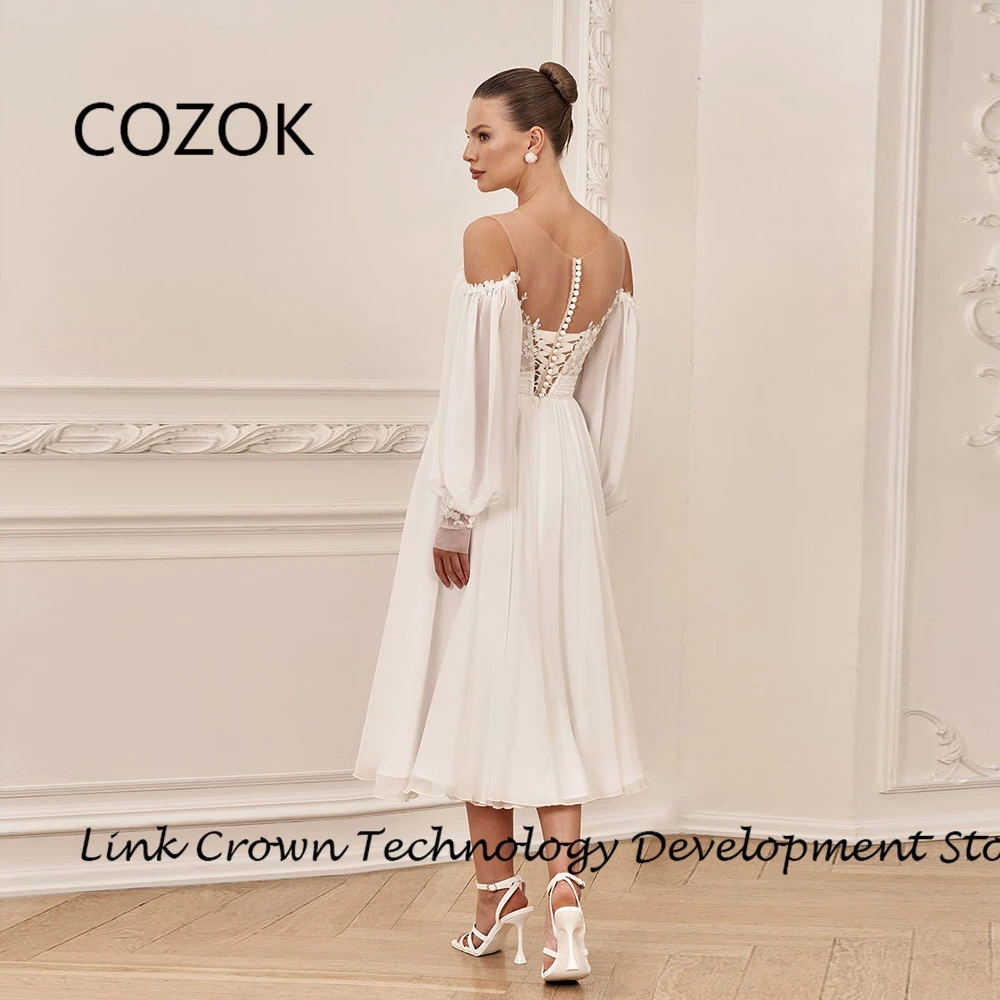COZOK Strapless Wedding Dresses with Lace Chiffon Tea Length Bridal Gowns  Spaghetti Straps Full Sleeve Vestidos De Novia 2024 - AliExpress 320