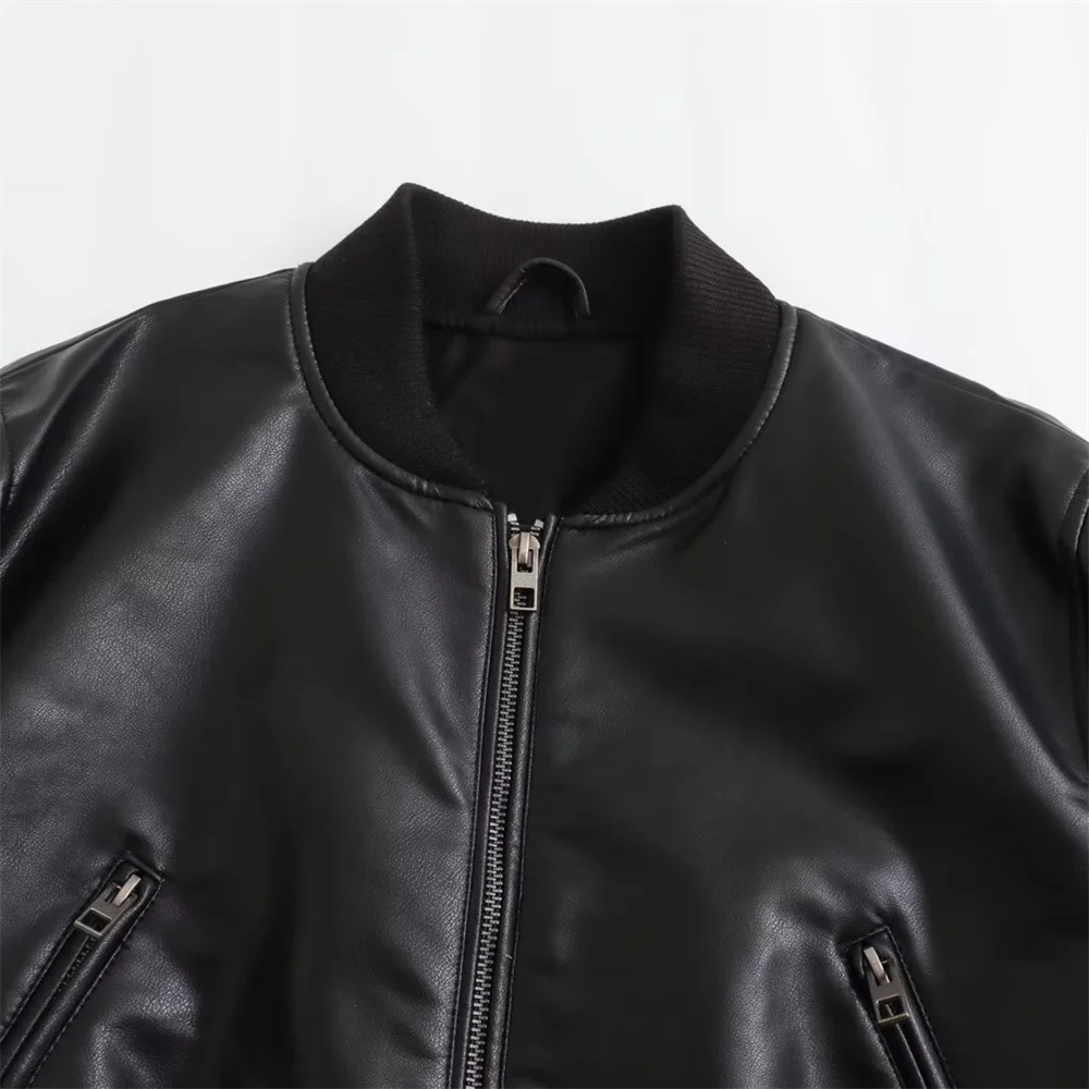 UNIZERA2023 Autumn and Winter New Women's Fashion Versatile Short Motorcycle Faux Leather Pilot Jacket Coat Leather Coat 3