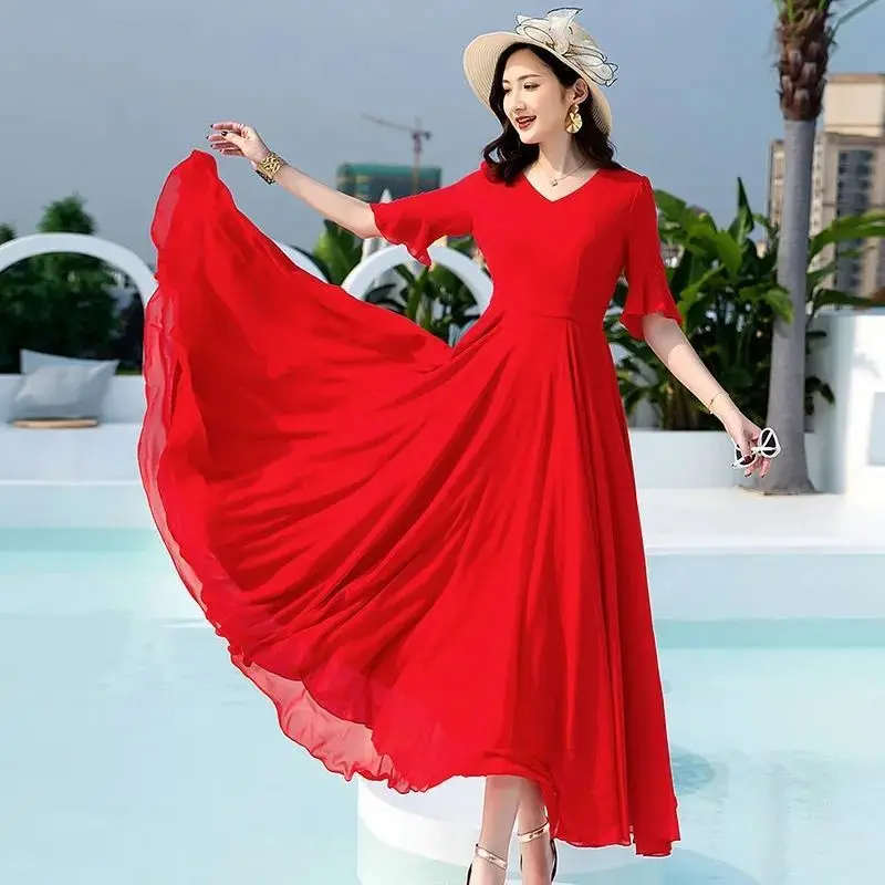

Spring Summer New Chiffon Half Sleeve Long Dress V Neck Solid Color All-match Holiday Beach Dress Fashion Elegant Women Clothing