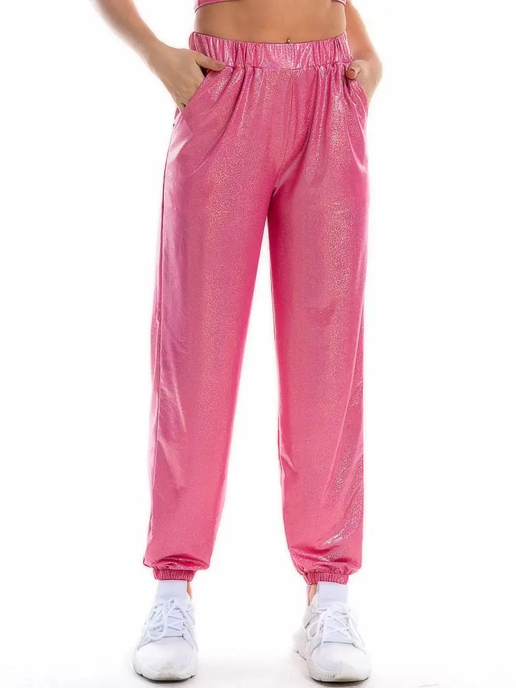Reflective Women High Waist Metallic Jogger Pants Trousers Shiny