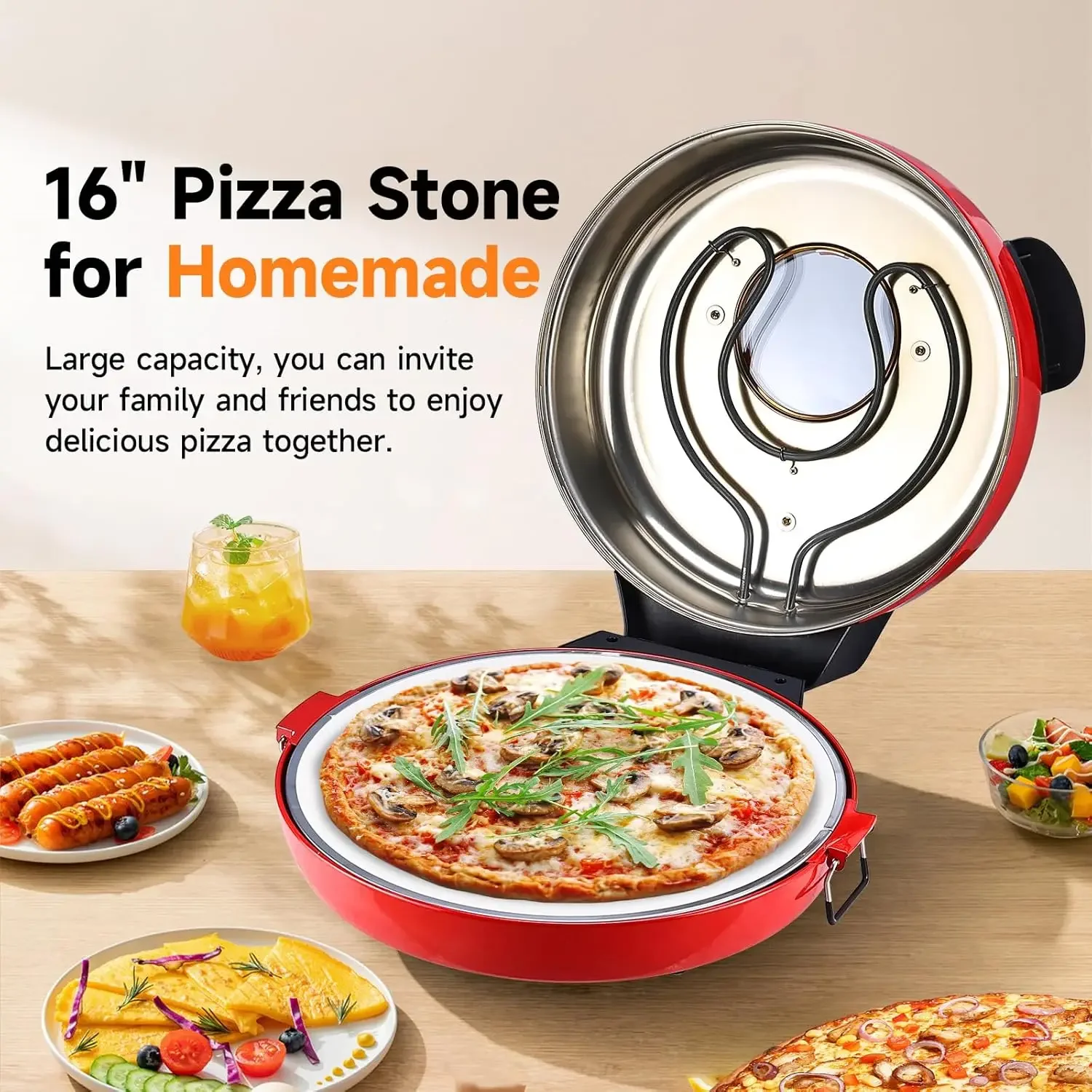 Davivy 16" Indoor Pizza Oven with Stone & Grill Pan, Large Electric Pizza Oven Countertop with Timer, Window, Make