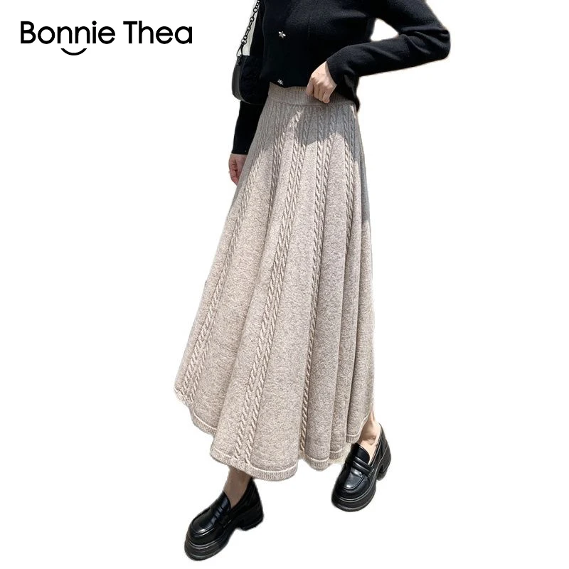 

Bonnie thea Autumn Winter Knitted Pleated Skirt Women Elastic Waist Retro Casual Skirt A-line Large Swing Midi Skirt