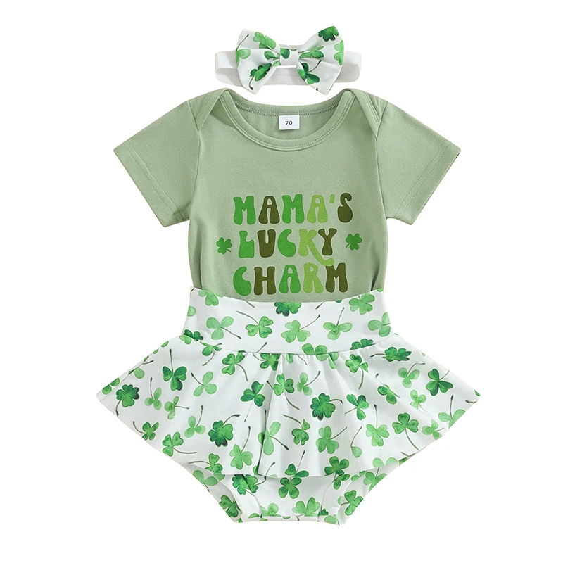 

Baby Girl St Patrick s Day Outfit Mama s Lucky Charm Short Sleeve Romper Clover Tutu Skirts Shorts Headband 3Pcs Set