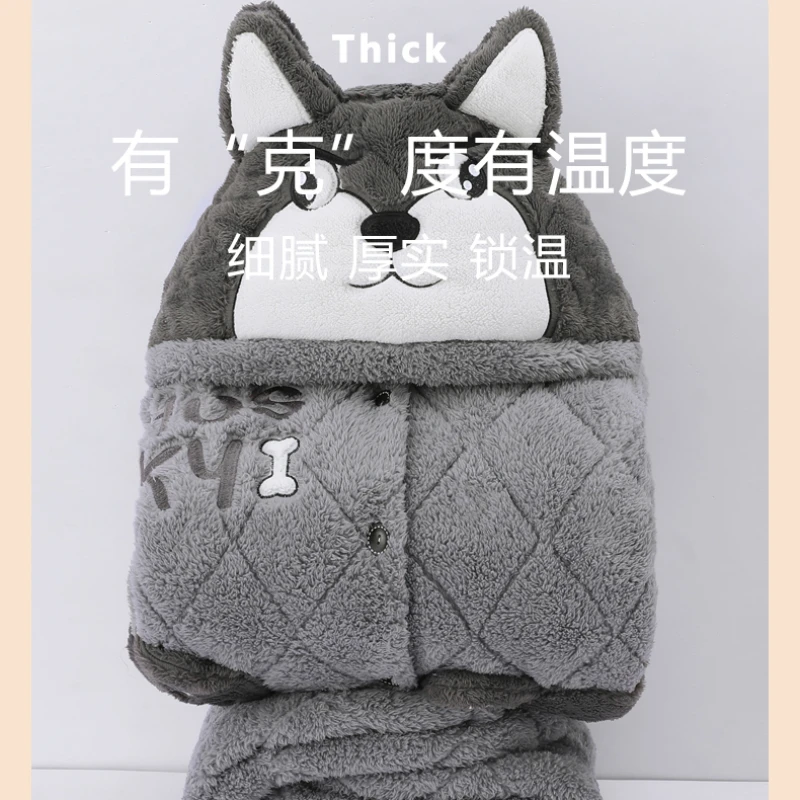 Pajamas Adult Thickened Warm Cartoon Cute Embroidered Autumn and Winter Coral Quilted plus Velvet Nightgown Long Homewear Suit