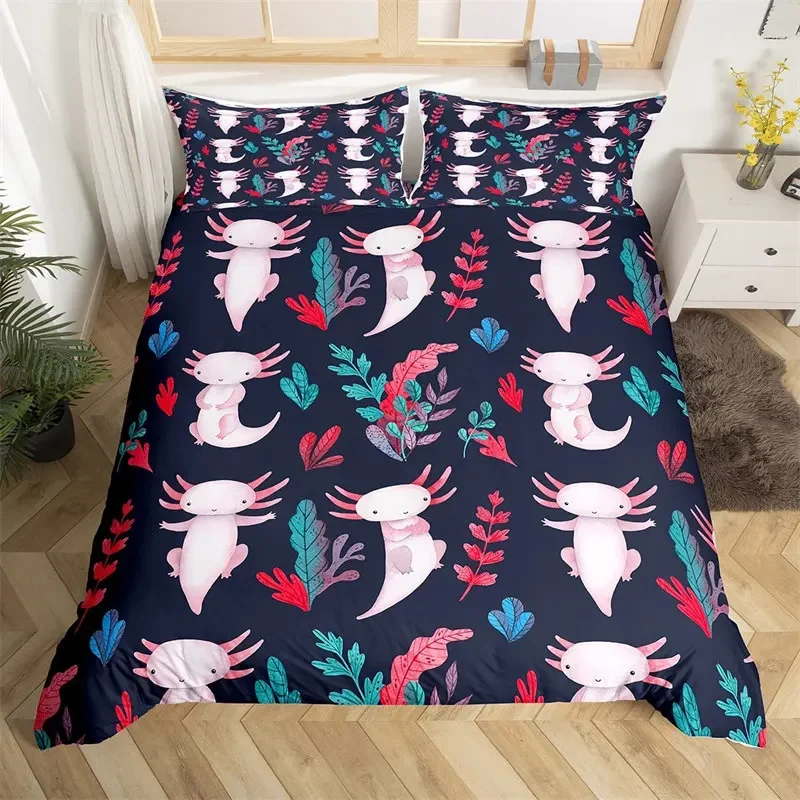 Loussiesd Set Biancheria Letto Per Bambini Axolotl 135x200 – Copripiumino Con Simpatica Salamandra – Microfibra Morbida – Regalo Per Cameretta