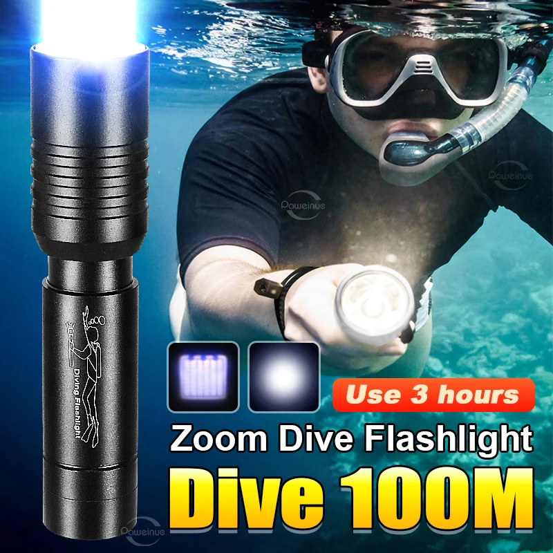 Diving 100 Meters Underwater Lantern Led Rechargeable Portable Rotate Zoom Underwater Lantern IP8 Waterproof Diving Flashlight