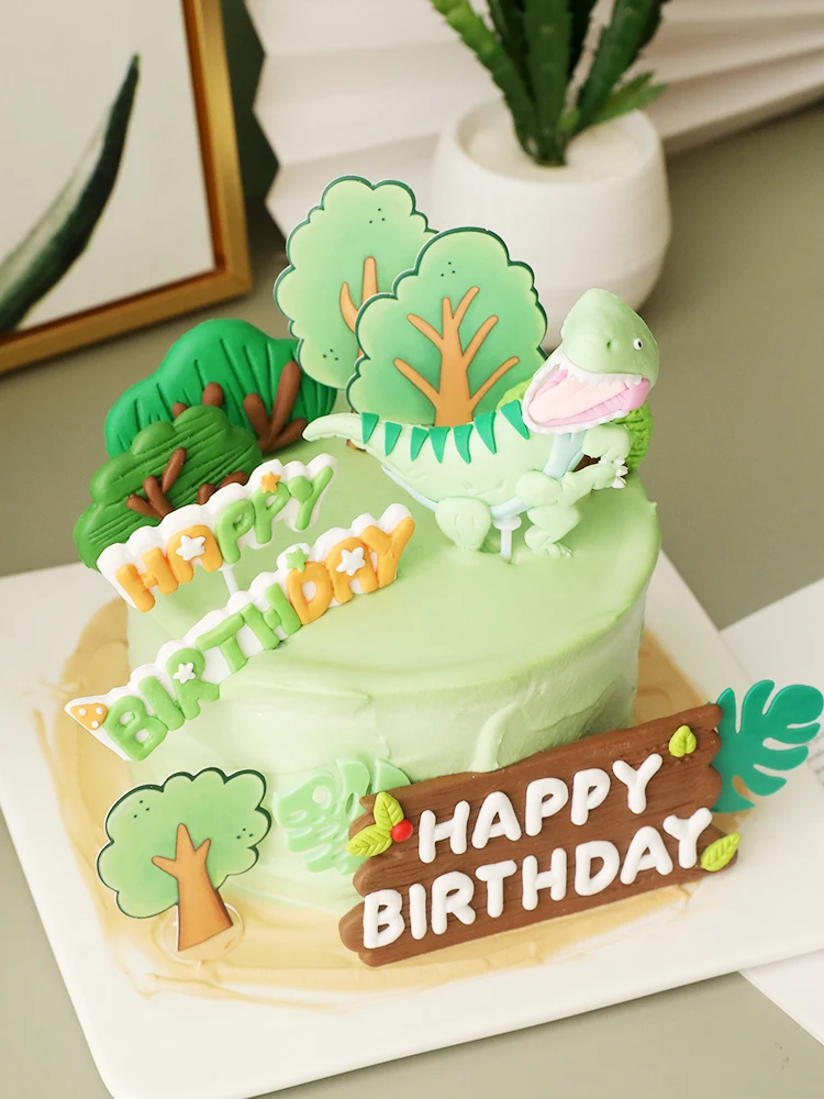 Topper Torta Compleanno Dinosauro Verde E Foglie, 4 Pezzi, Regalo