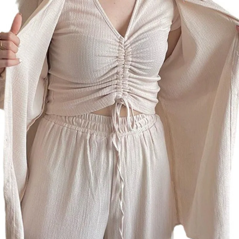 Pant Sets Women Solid Three Pieces Set Long Sleeve Cropped Button Shirt Loose Wide Leg Trouser Work Sporty Suits Streetwear