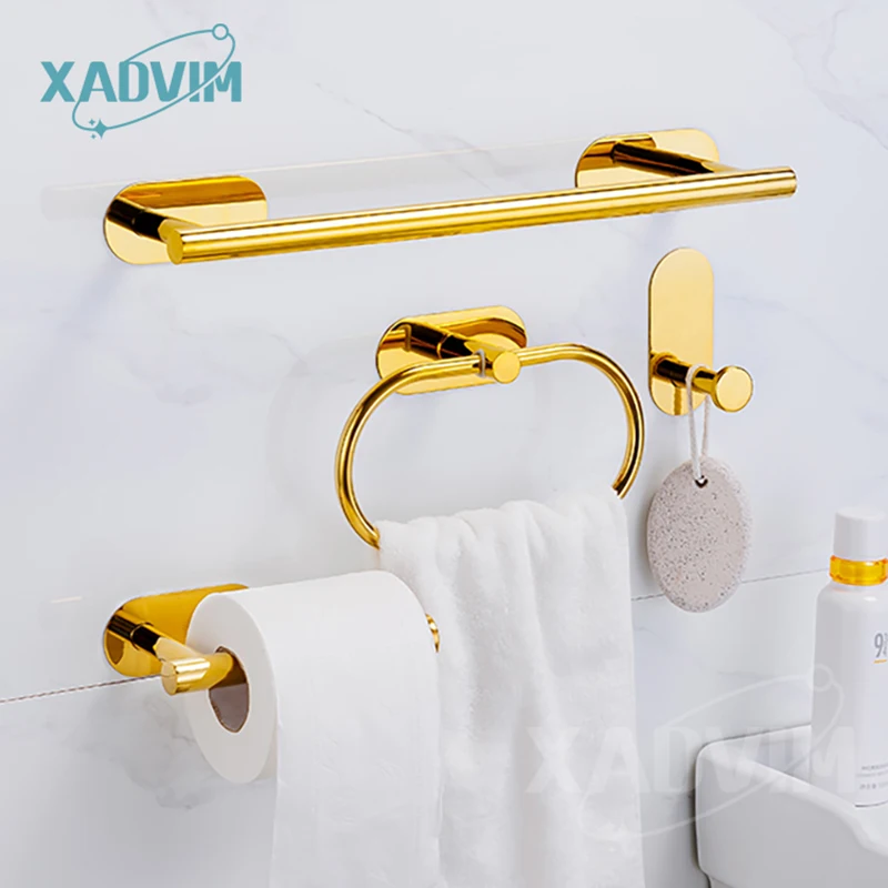 Glossy Gold 304 สแตนเลสสตีลผ้าเช็ดตัวไม่มีเจาะผู้ถือกระดาษ Self-กาวผ้าเช็ดตัวแหวน Robe Hook อุปกรณ์ห้องน้ําชุด 1