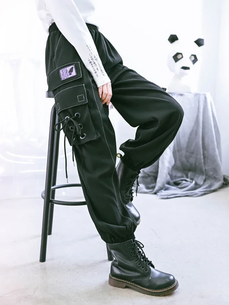 

Брюки женские с высокой талией, повседневные свободные модные штаны с принтом в стиле Харадзюку, черные уличные штаны в стиле хип-хоп, весна-осень