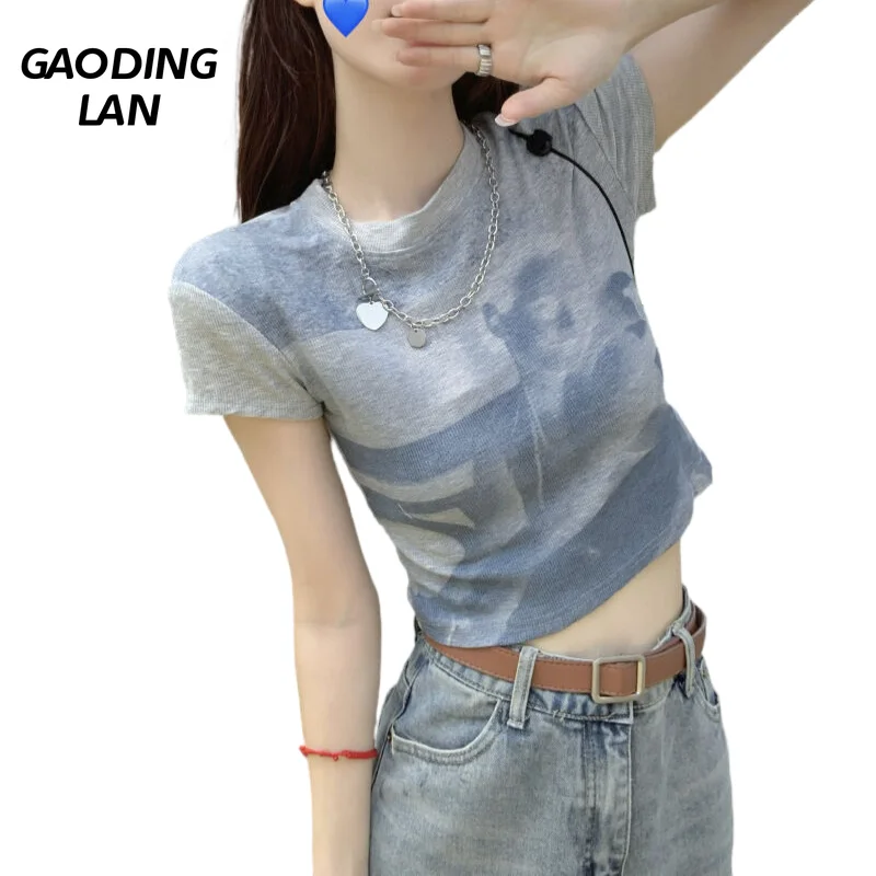 

Gaodinglan Creative Print Short Sleeve Women T-shirts Summer High Street Wear Expose Navel Short Tee Slim Fit Cotton Tops Ladies