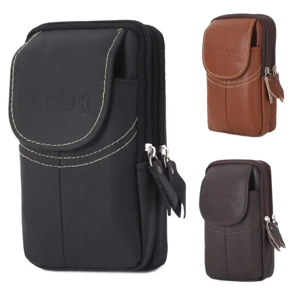 Cowhide Leather Multi-Layer Waterproof Outdoor Sports Waist Bag