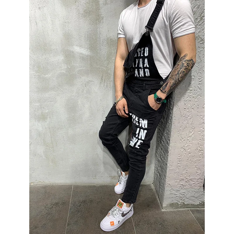 Men Jeans Men Suspenders Denim Jumpsuit Letters Denim Trousers Fashion Overalls Men's Ripped Printed Jeans Men Streetwear