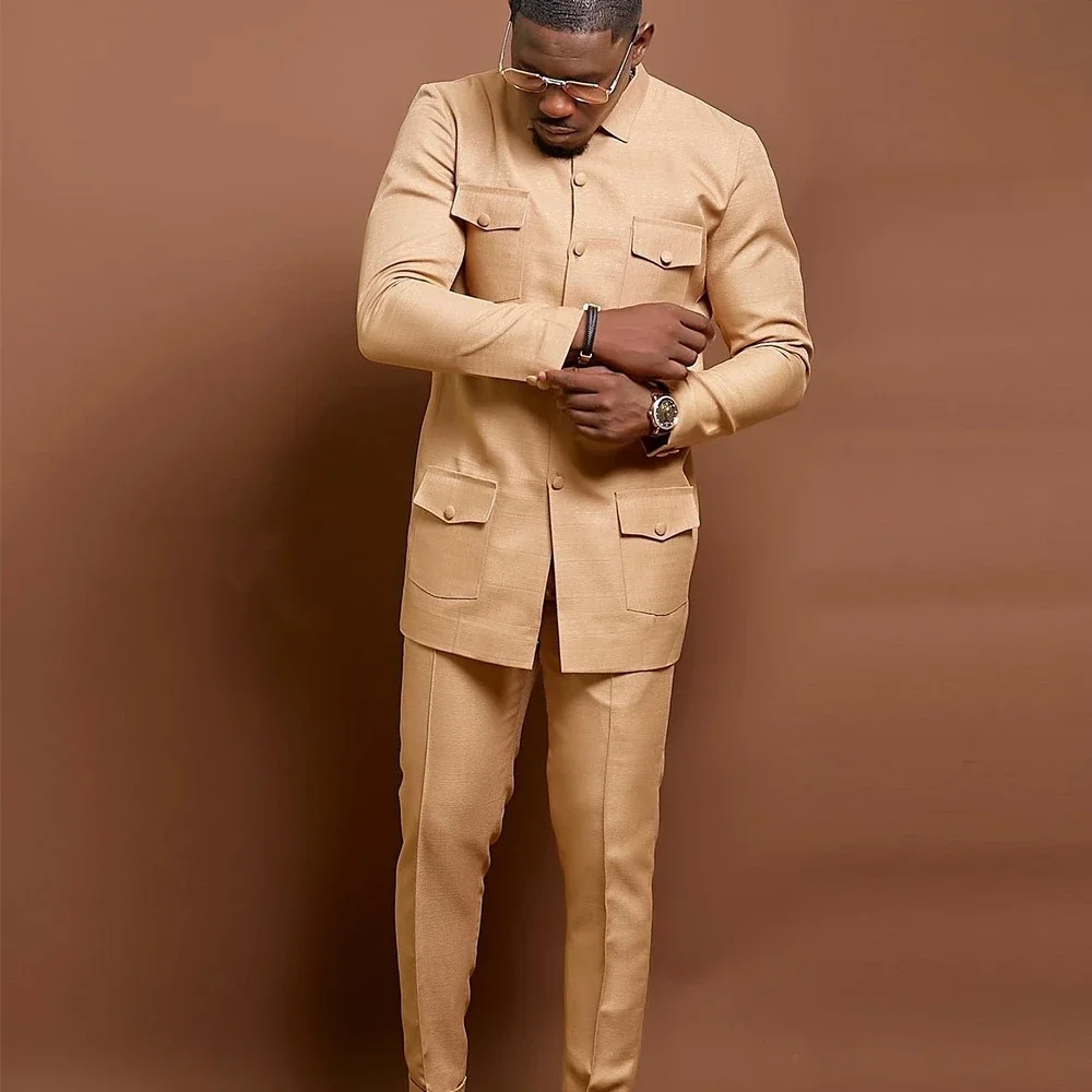 Kaunda Men Suit Set Luxury Single Breasted Tuxedo Top Jacket Pants African Ethnic Traditional 2PCS Suits Party Wedding Outfits