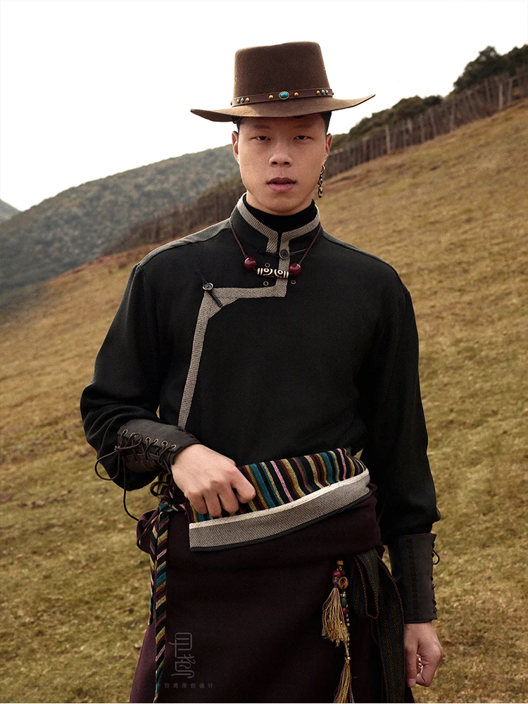 Design Tibetan Clothing Male Dark Red Color Robe Ethnic Style Travel Photography Tibet Tourism New