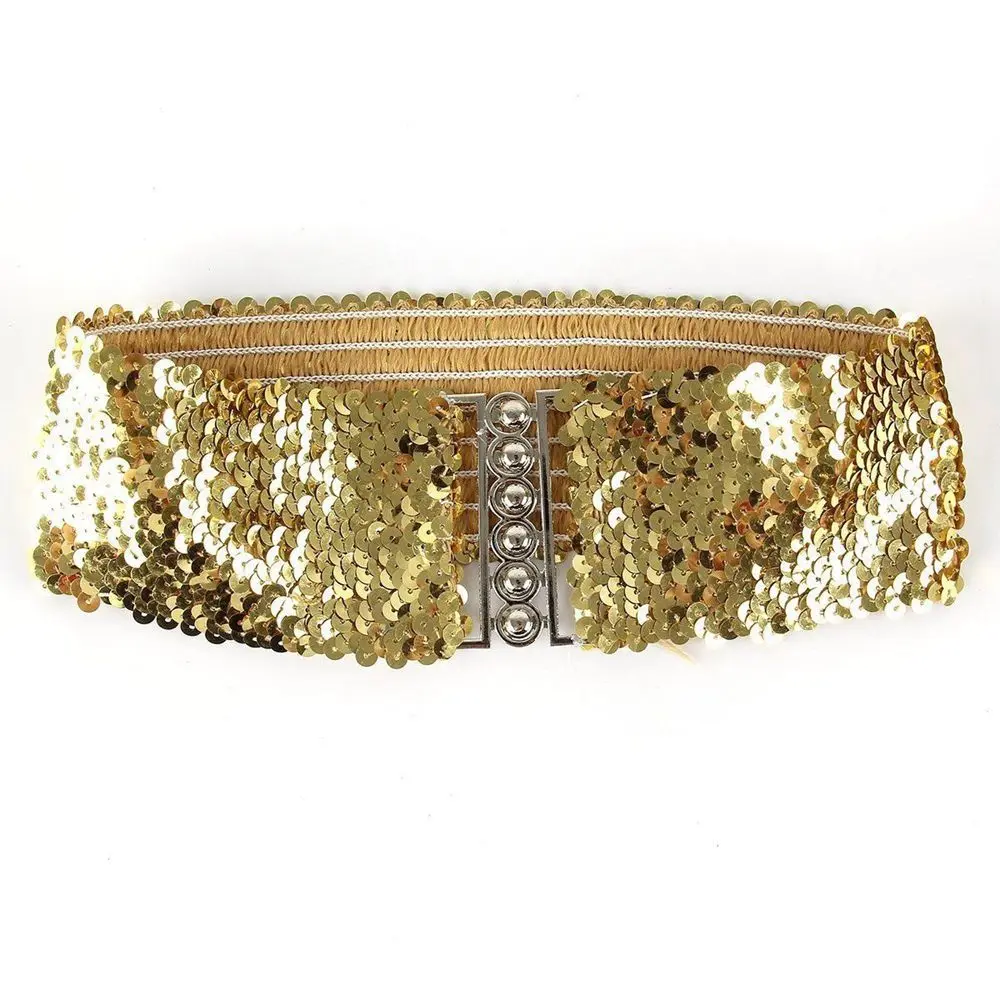 

Women Stretch Sequin Belly Waistband Wide Belt Buckle