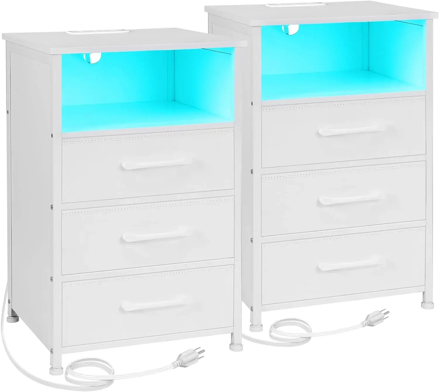 

USA White Night Stand Set 2, LED Nightstand W/Charging Station, End Tables with 3 Fabric Drawers, Bedside Table