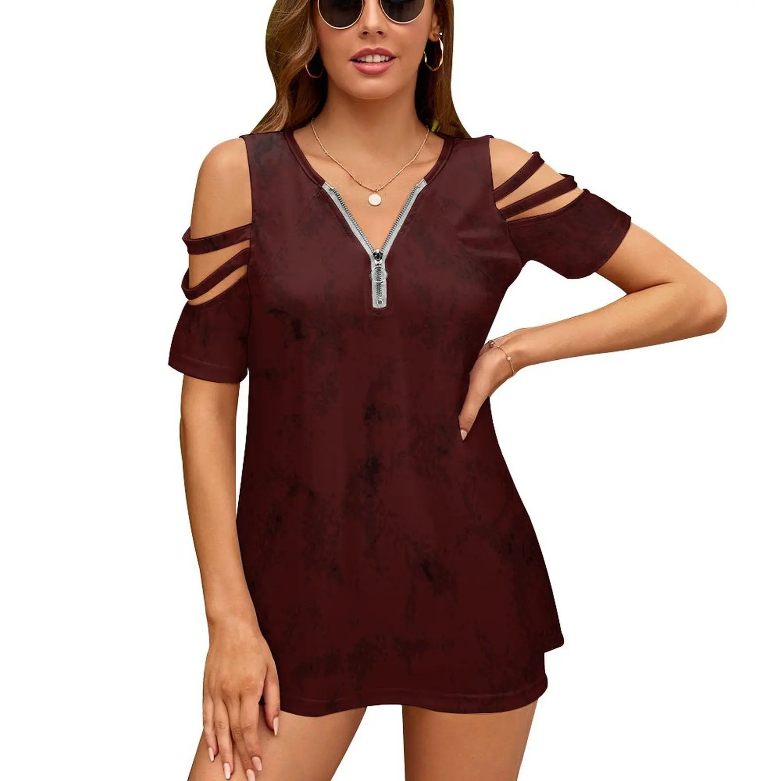 

Burgundy And Black Distressed Women'S T-Shirt Summer Fashion Print Floral V-Neck Zipper Tshirt Hollow Pullover Ladies Top