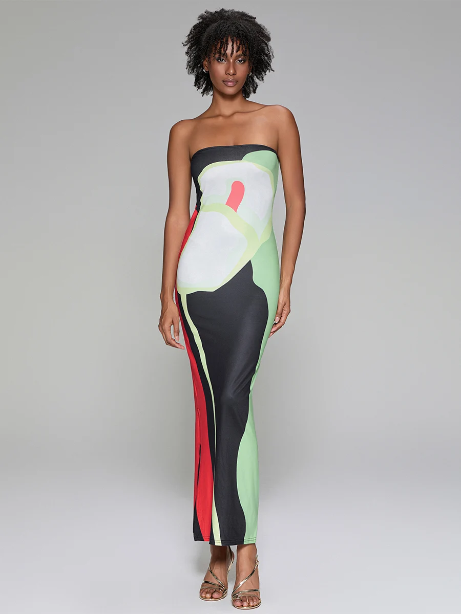 

Платье-Макси женское с открытыми плечами и абстрактным принтом, длинное облегающее платье-труба с открытыми плечами, коктейльный сарафан с принтом в стиле бохо