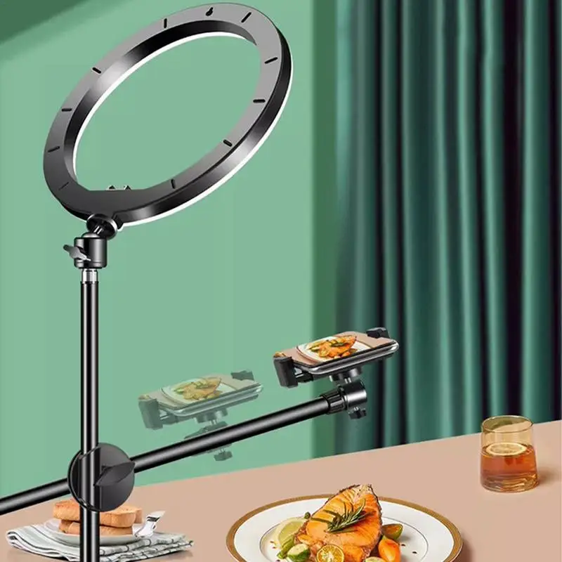 셀카 링 라이트 스탠드 포함, 머리 위 휴대폰 마운트, 사진 비디오 라이트, 휴대폰 스탠드, 삼각대 필 라이트, 조도 조절 램프, 트레피