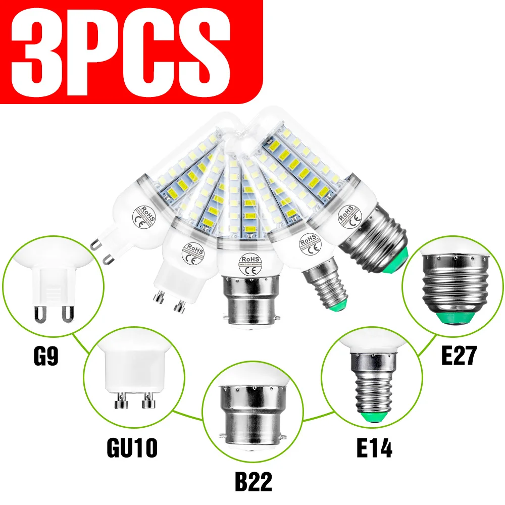 Светодиодная лампа-кукуруза 3 шт., E27, 220 В, GU10, светодиодная лампочка E14, Светодиодная свеча G9, Светодиодная лампа B22, 3 Вт, 5 Вт, 7 Вт, 9 Вт, 12 Вт, 15 Вт светильник стра светодиодная лампа e27 b22 для внутреннего освещения сменный светильник для чтения лампа 3 вт 6 вт 9 вт 12 вт 15 вт 18 вт 21 вт 5 шт лот