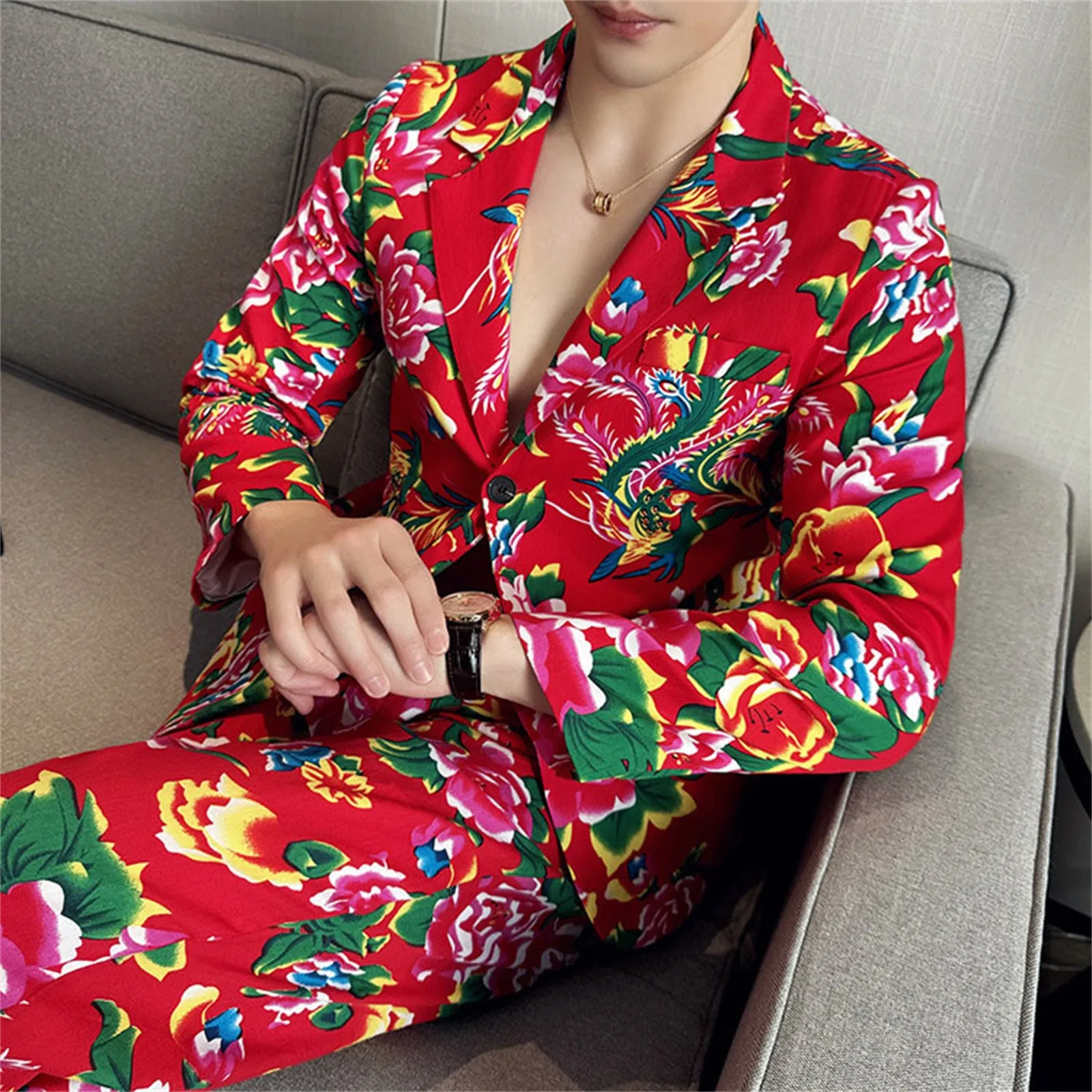 Mens Long Sleeve Button Floral Printed Suit Coat, Men's V-Neck Single Button Red Nostalgic Style Long Sleeve Coat