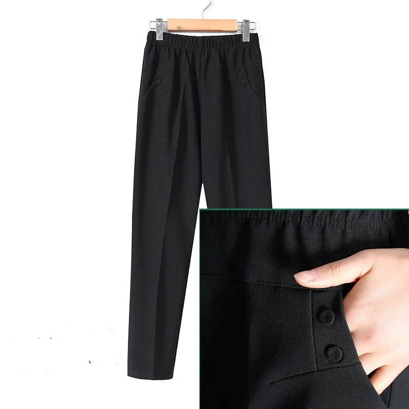 Spring and Autumn Women's Solid Stripe High Waist Elastic Pocket Straight Sleeve Loose Fit Fashion Elegant Commuter Casual Pants