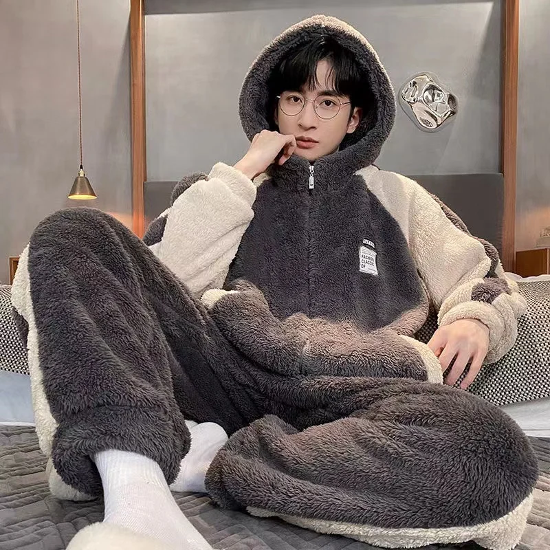 

Winter Coral Fleece Pajama Sets For Men Thicken Warm Pijamas Zipper Hooded Long Sleeve Casual Home Clothes Homewear Male