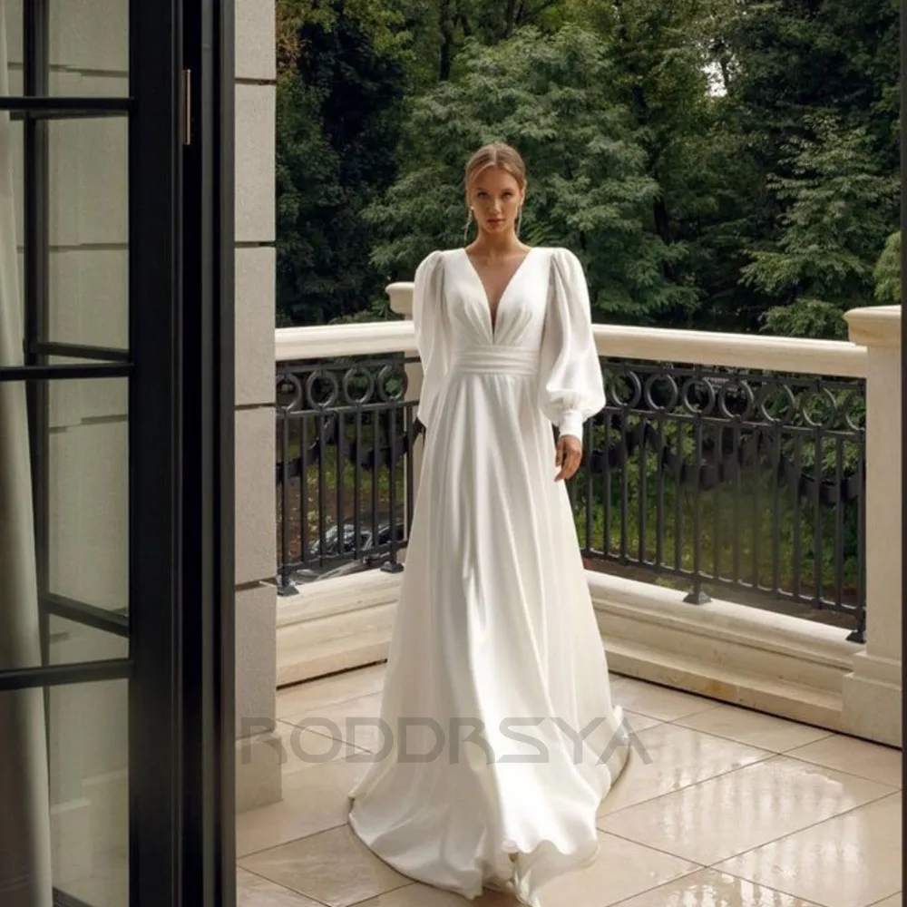 RODDRSYA Elegant Chiffon Wedding Dresses 2023 Simple V Neck Puff