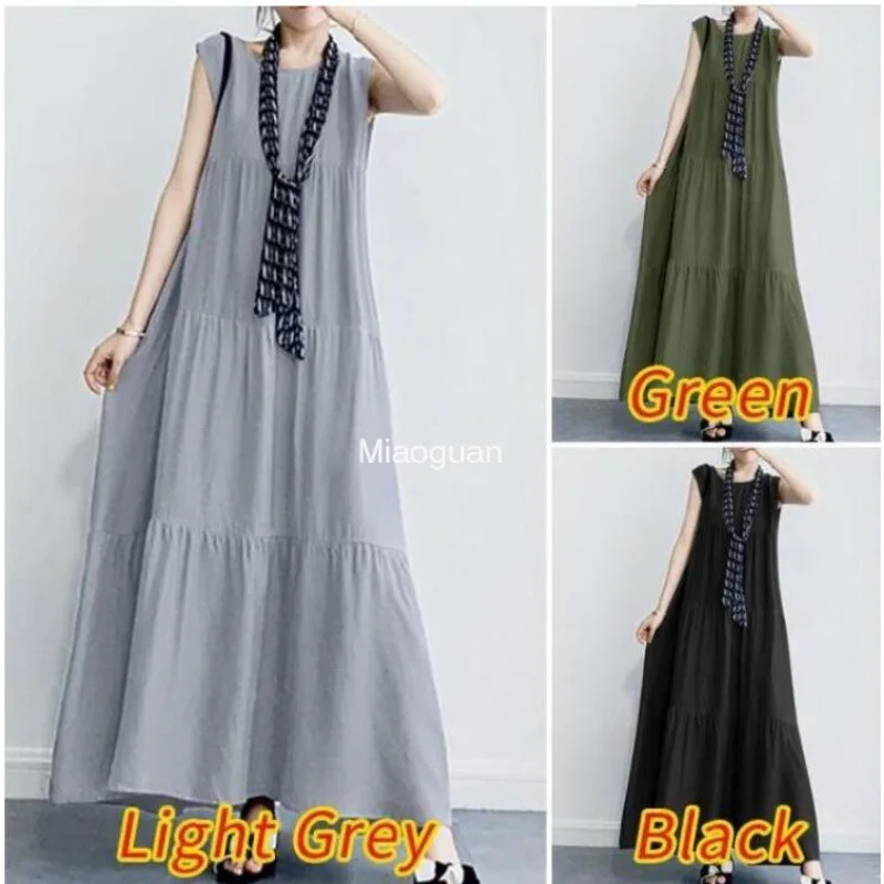 

2024 Stylish Women's Ruffle Solid Summer Dress Casual Sleeveless Vestidos Female Loose Round Neck Robe Oversized Elegant Female