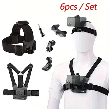 Kit fotocamera d'azione All In One 6 pezzi con supporto per cellulare, cinturino da testa, cinturino da petto regolabile per GoPro Hero DJI, supporto rotante per telefono