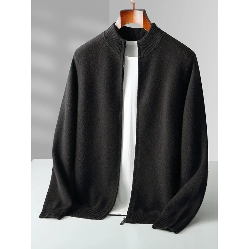 Autumn Winter Men's Wool Cardigan Zippers Mock Neck Long Sleeve Cashmere Sweater Warm Knitwear Thick Soft Clothing