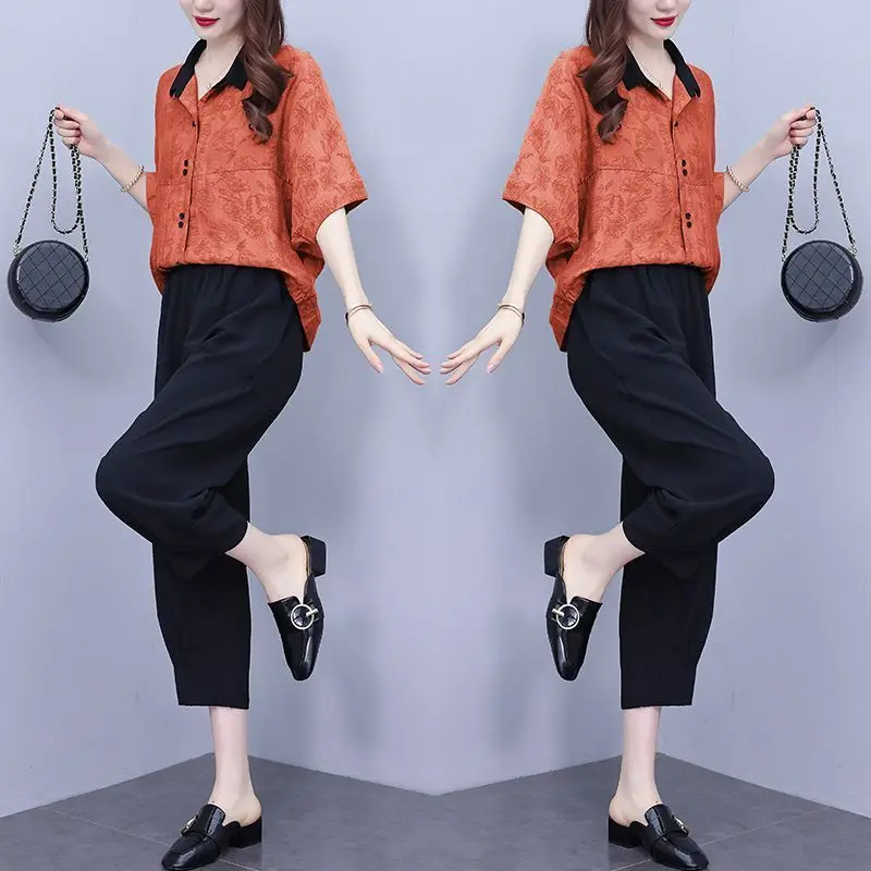 

Женские костюмы из двух предметов, тонкая рубашка с коротким рукавом и принтом, свободные брюки-султанки с карманами, Z143, лето 2024