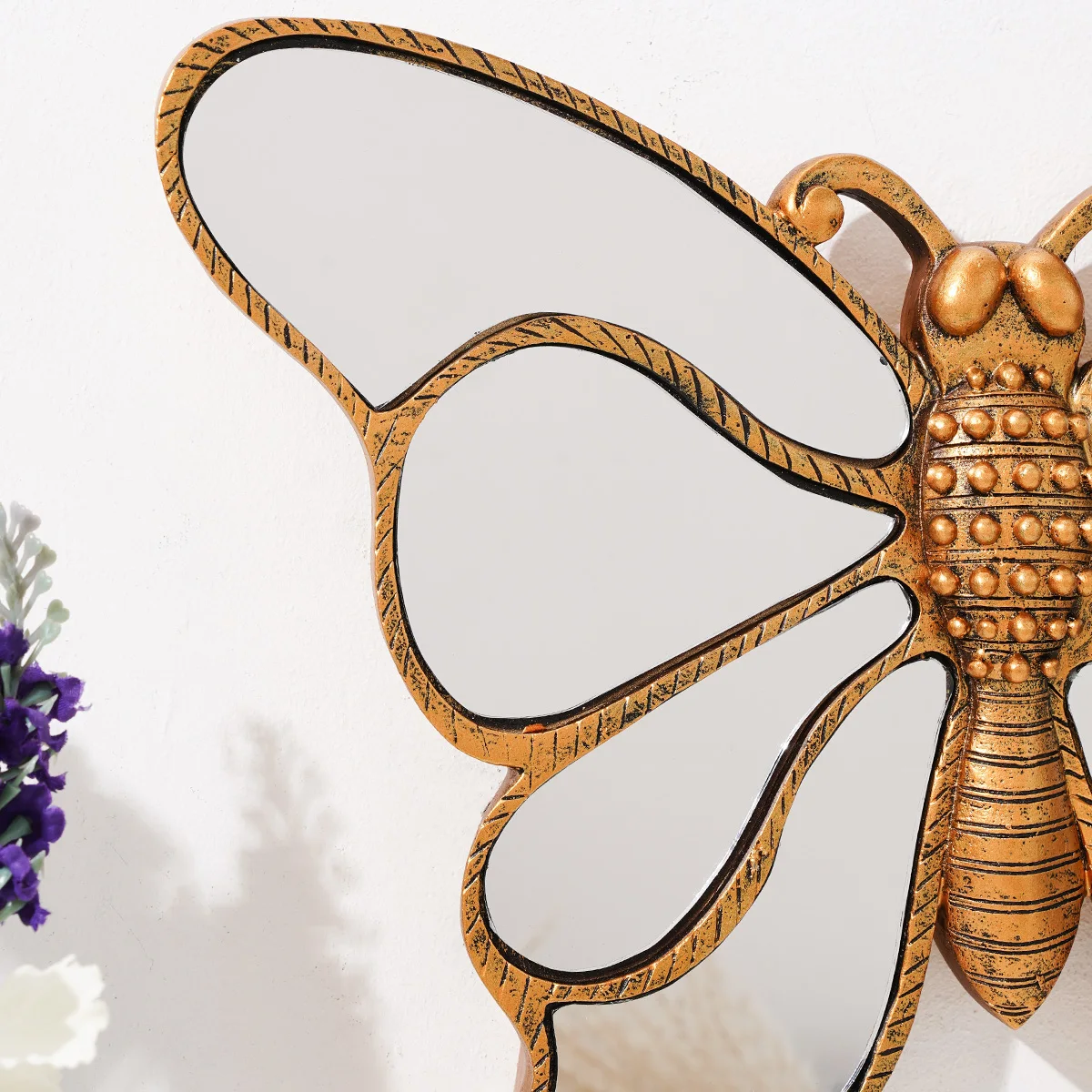 1PC,8.6* 12-inch retro distressed resin material eight-sided mirror, butterfly-shaped home decoration craft wall hanging