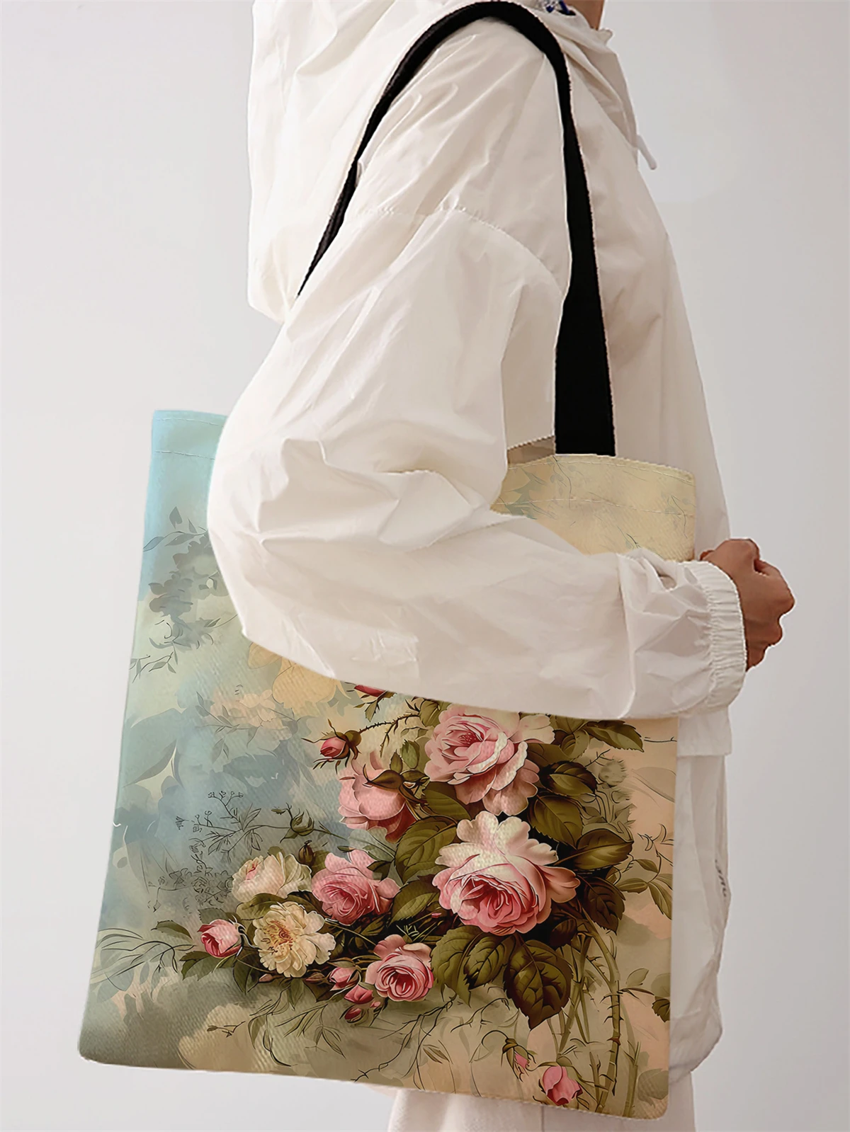 Rose pattern printed casual handbag, reusable fashionable backpack, multifunctional handbag, canvas shopping bag