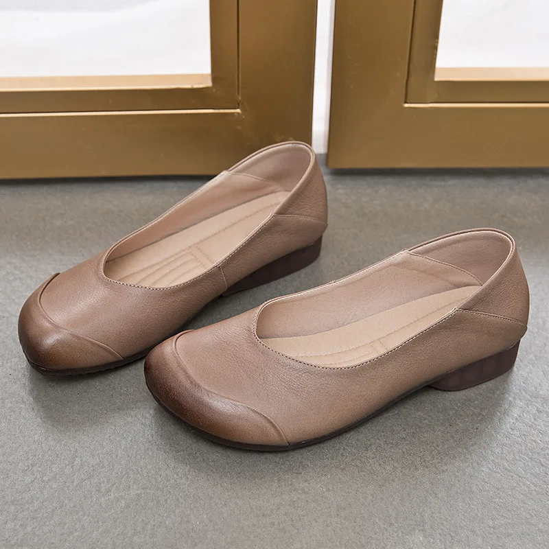 WOIZGIC Women Mother Female Ladies Genuine Leather Shoes Flats Loafers Non Slip On Retro Ballerina National Moccasins Round Toe 5