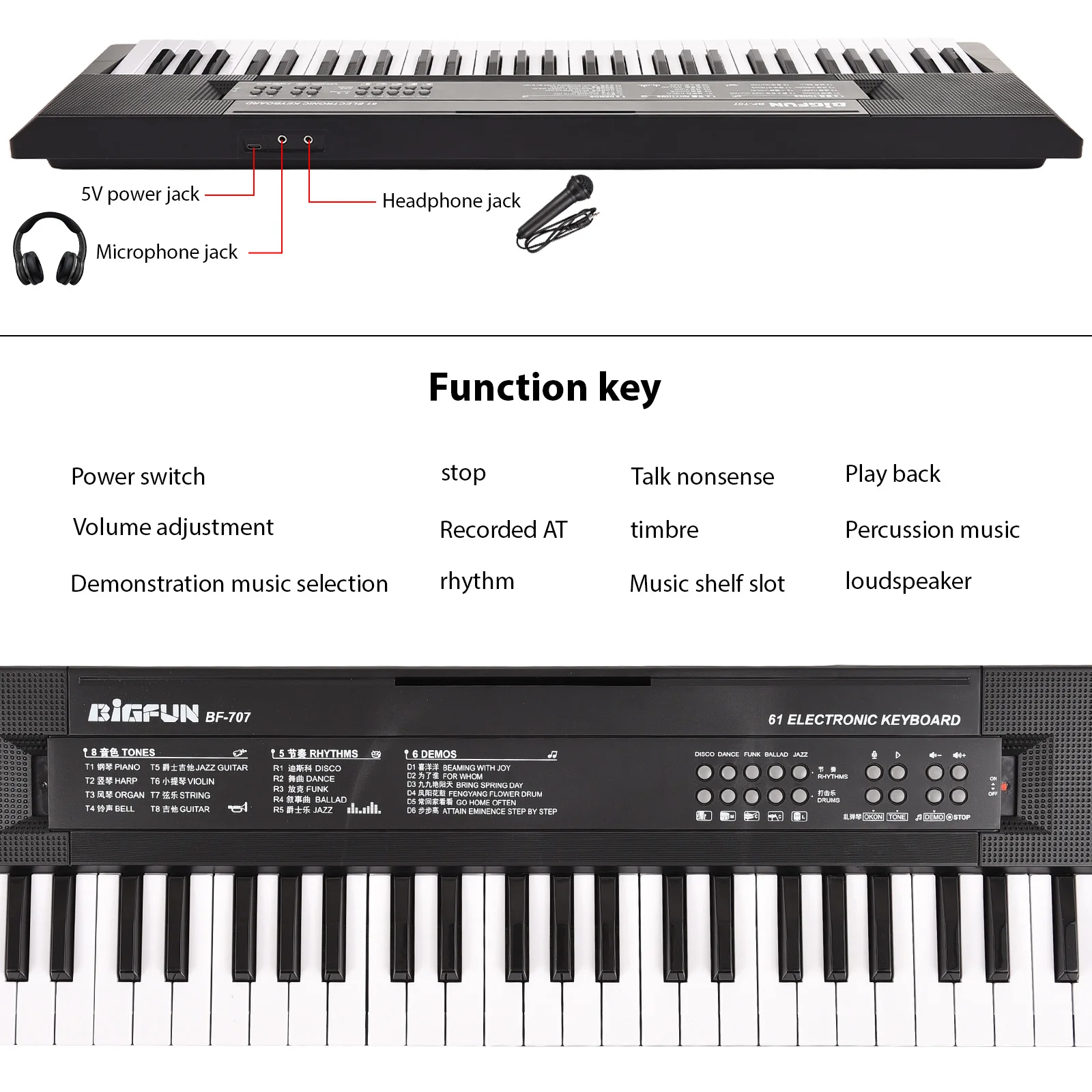 BIGFUN 61 Key Electronic Keyboard Piano Dual Speakers 8 Tones 5 Rhythms 5 Drums Percussions 6 Demos Musical Instrument
