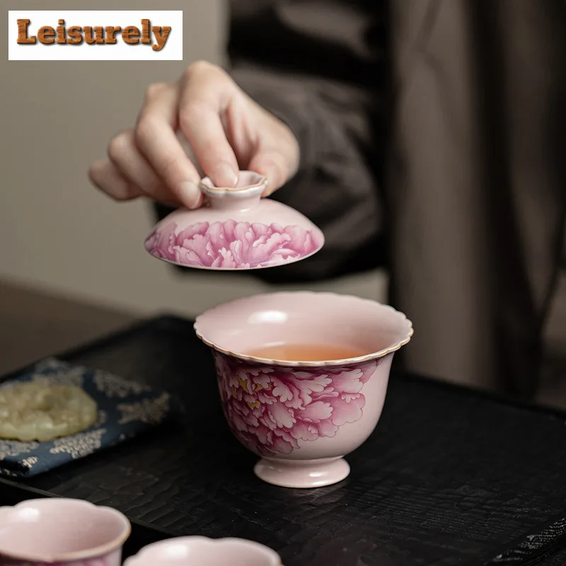 100ML Pink Ru Kiln Gaiwan Elegant Peony Anti-scald Tea Tureen Tea Brewing Cover Bowl Chinese Tea Set Collection Supplies Craft