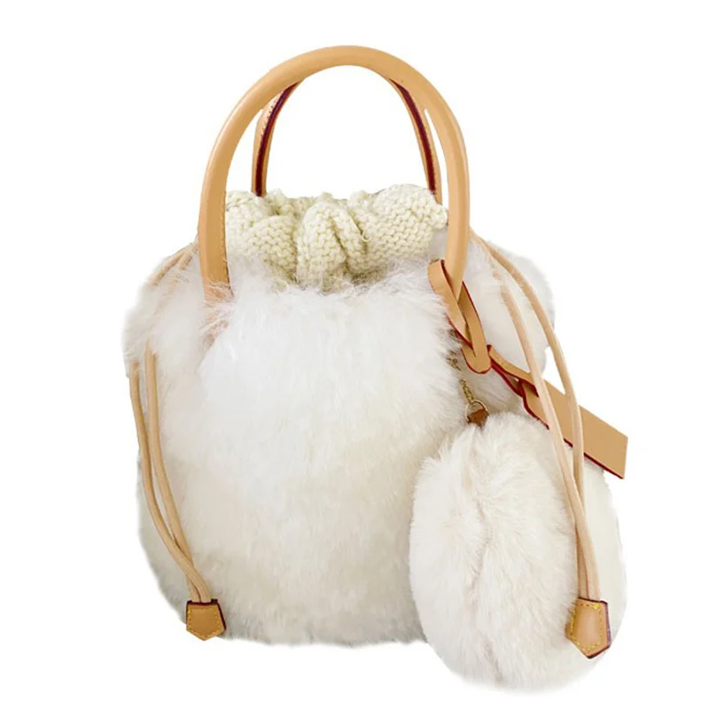 Women's Luxury Plush Bucket Bag High Quality Wool-fur Bucket Handbag New Knitted Fluffy Drawstring Closed Satchel