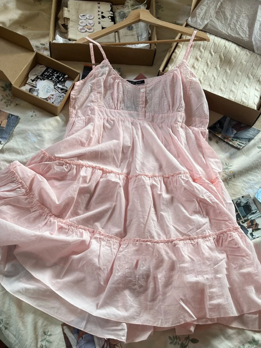 

Floral Embroidery Pink Mini Dress Woman Summer Buttons Ruffles Lace-up Sweet Short Dresses Casual Preppy Style Cotton Vestidos