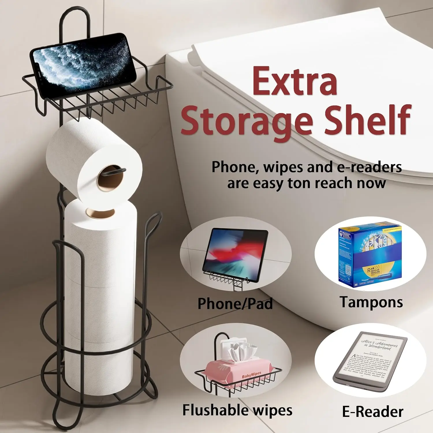 Toilet Paper Holder Stand Bathroom Toilet Paper Storage with Raised Base Tissue Roll Dispenser with Top Shelf