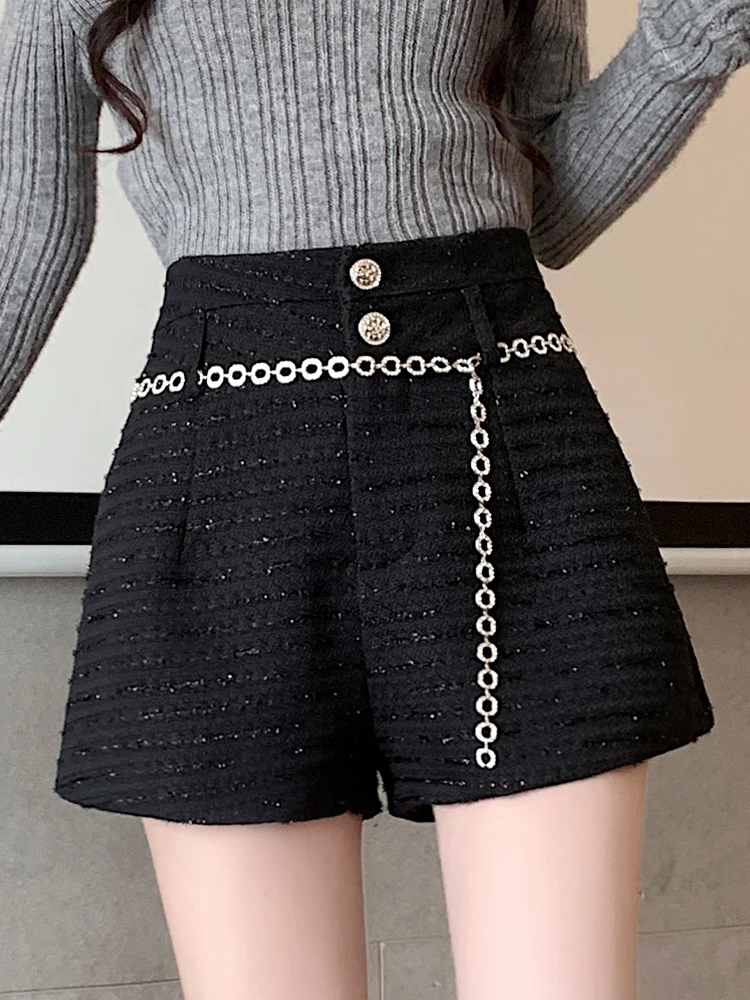 QOERLIN Sequins Belt High Waist Office Ladies Black Beige Wide Leg Loose Casual Shorts Women 2024 Zipper Woolen Shorts Korean