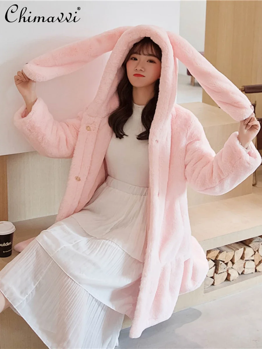 

Женская плюшевая куртка с капюшоном, теплая Толстая куртка из искусственного меха кролика Рекс, с капюшоном и ушками кролика для девушек, зима 2023