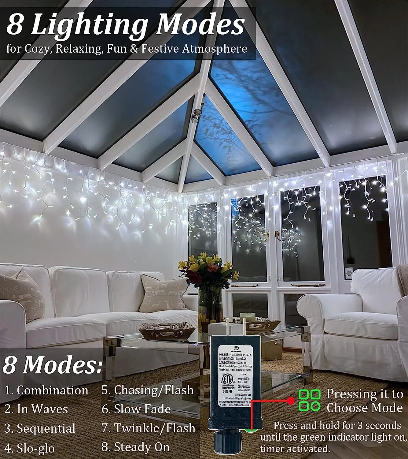 thumbnail image 5 of Luces de hadas de seguridad de 24 V, luces LED navideñas con forma de carámbano, decoraciones para exteriores, envío gratuito, 8 modos, guirnalda de calle conectada a prueba de agua, 5 of 5