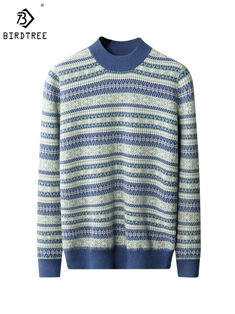 

Birdtree 100%PURE Cashmere Fashion Sweater Casual Men Mock Neck Stripe Jacquard Fall Winter Top Knit Thicken Pullover T3N676QM