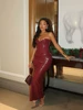 Elegant Backless Burgundy Leather Zipper Sleeveless Tight Long Dress Woman High Waist Wrinkles Dresses New Lady Party Club Gown 1