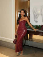 Elegant Backless Burgundy Leather Zipper Sleeveless Tight Long Dress Woman High Waist Wrinkles Dresses New Lady Party Club Gown 1