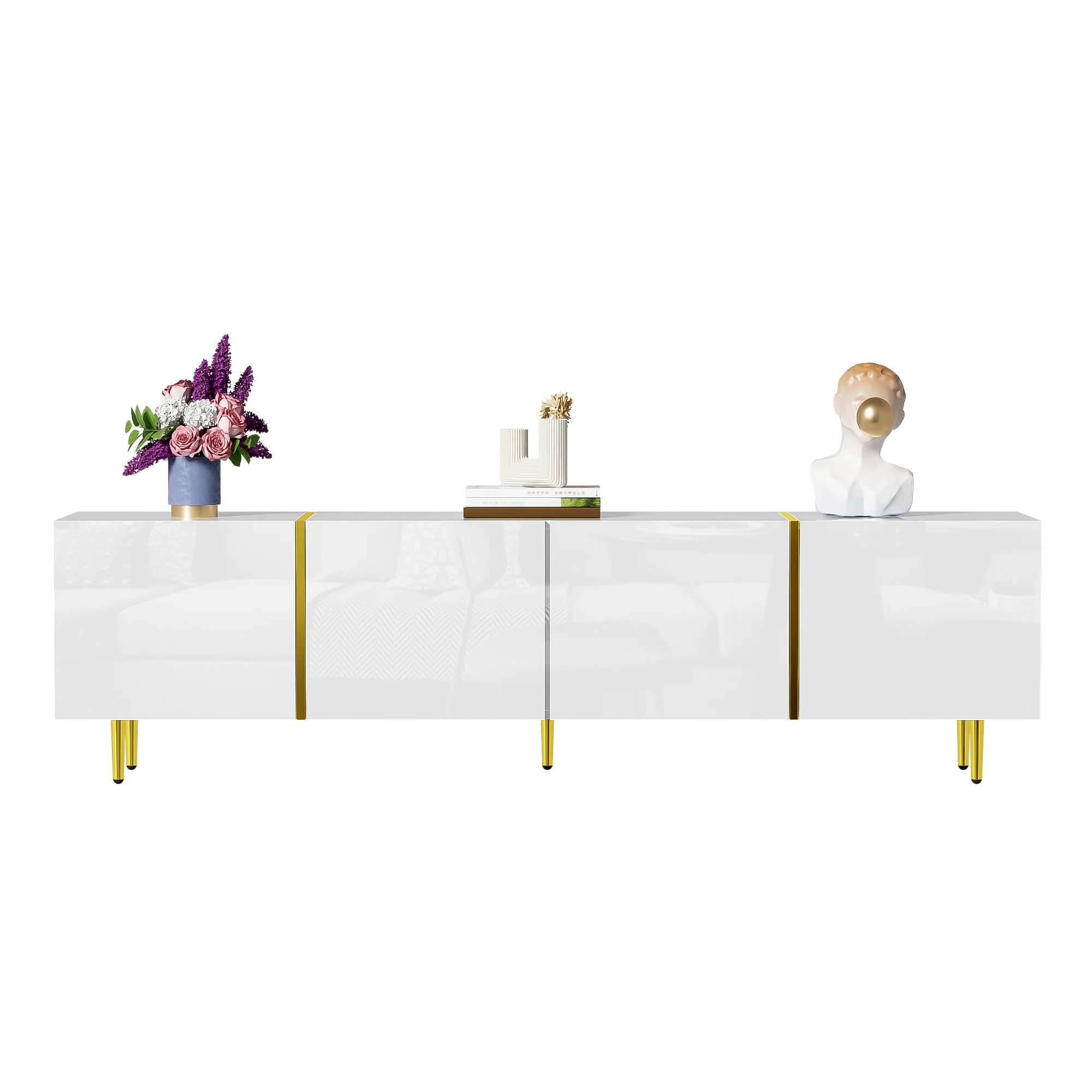 PINGGO Hochglanz-TV-Schrank 170x35x46cm mit vier Türen, modern und elegant in weißer Farbe – Detail 10