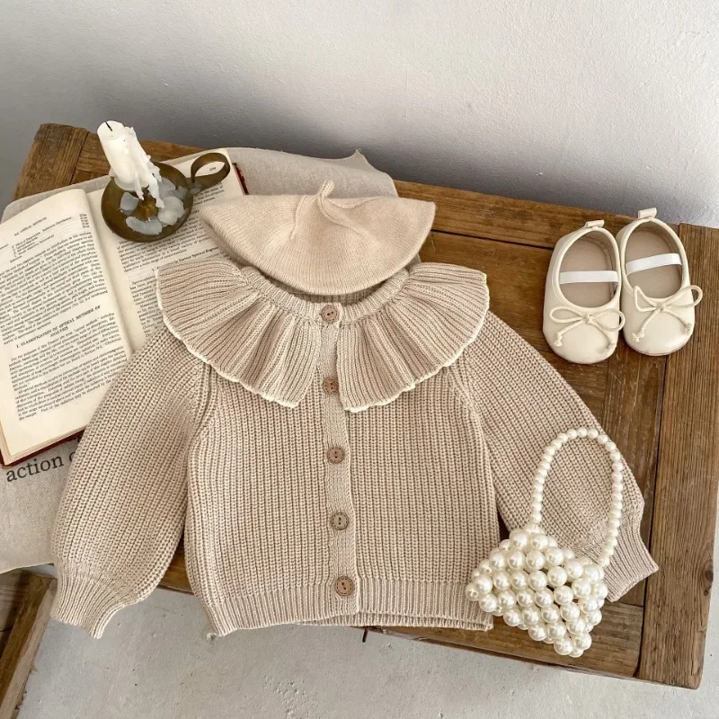 New Autumn 0-3Y Kids Girl Sweater Coat Solid Ruffle Patchwork Round Collar Single Breasted Knitted Tops Baby Cardigan E83272