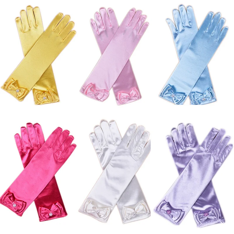 12 Colors Princess Gloves Long Bow Satin Kids Girl Wedding Dance Stage Costume Accessories Children Dress-up Full Finger Mittens horror hand bone skull halloween luminous mittens fashion accessories full finger gloves half finger gloves winter hand warmer